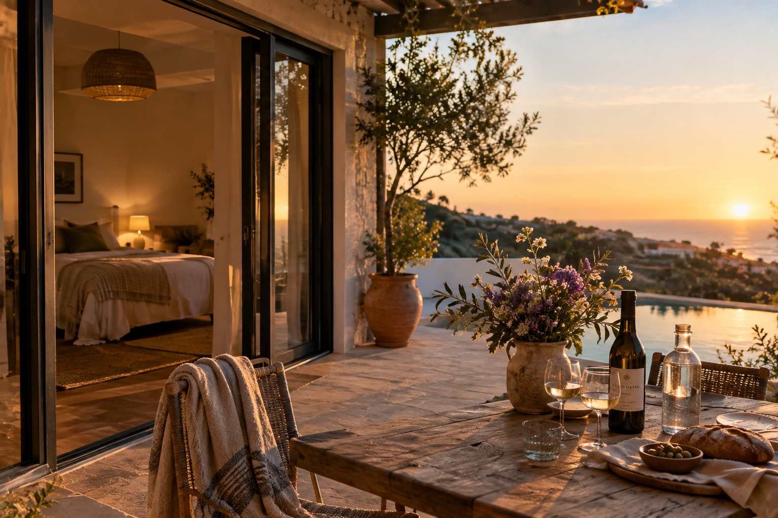 A sunset dinner on the terrace as the owner returns home